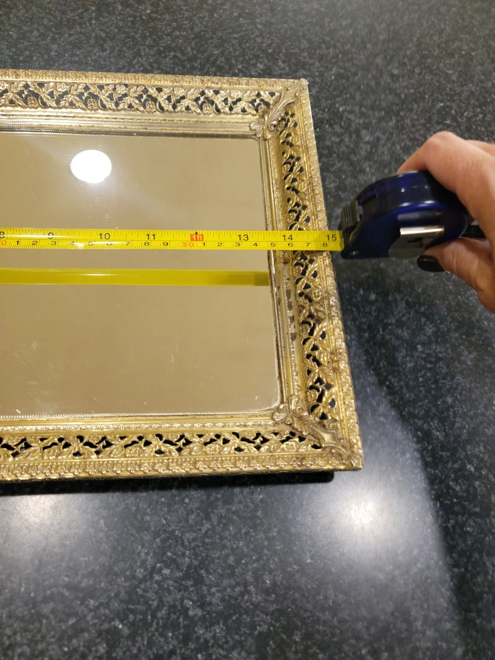 Vintage gold-tone metal filigree mirrored vanity tray
